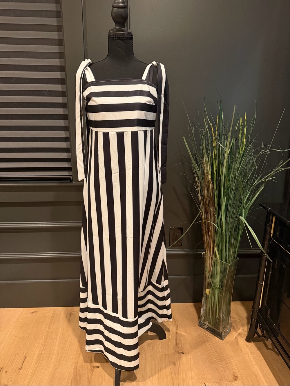 Black & White Striped Maxi Dress with Tie Straps